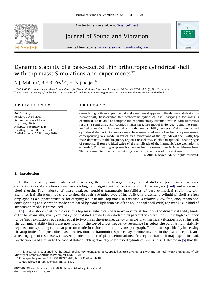 عکس صفحه اول مقاله: Dynamic stability of a base-excited thin orthotropic cylindrical shell with top mass: Simulations and experiments Dynamic stability of a base-excited thin orthotropic cylindrical shell with top mass: Simulations and experiments