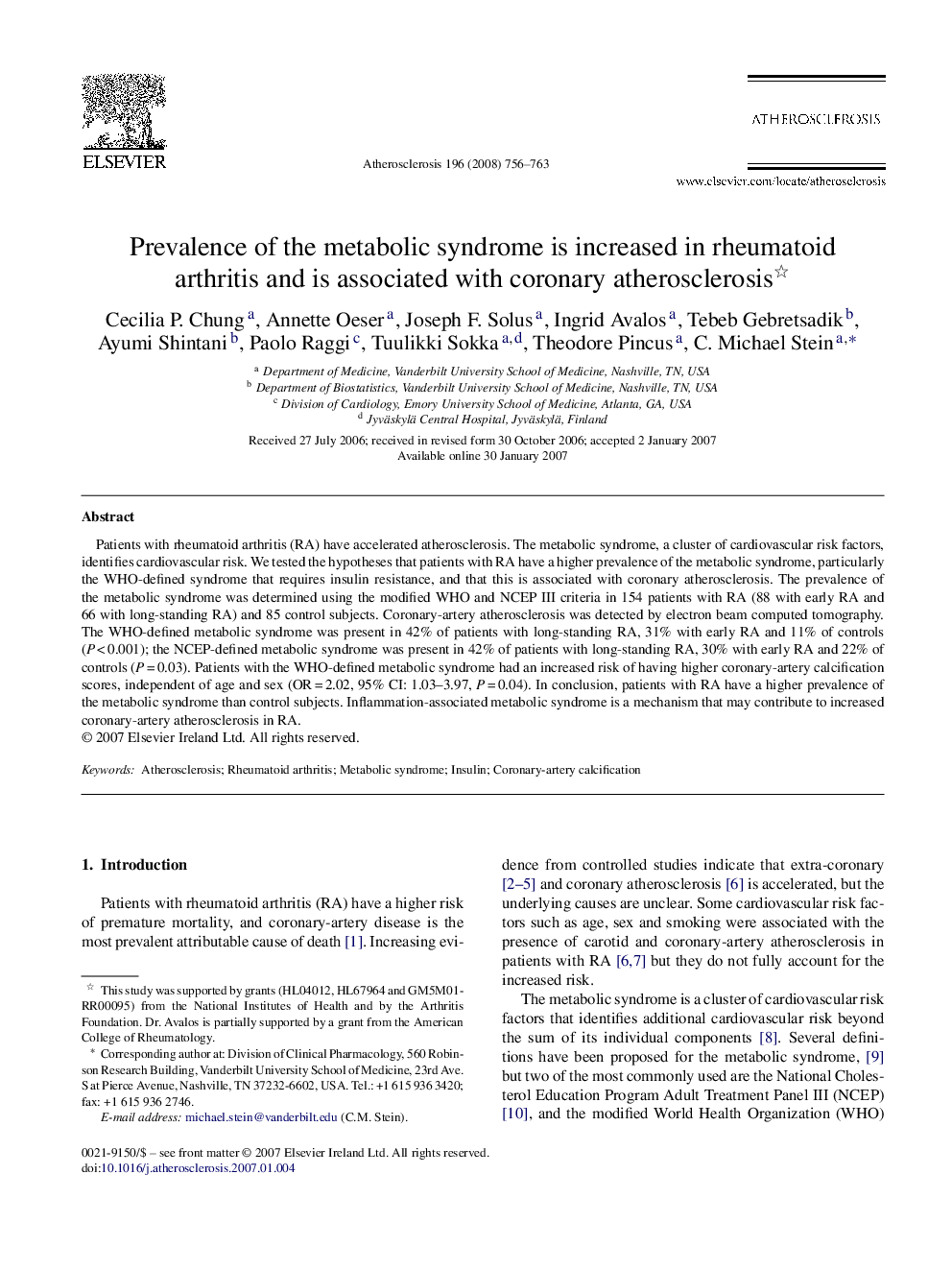 Prevalence of the metabolic syndrome is increased in rheumatoid arthritis and is associated with coronary atherosclerosis 