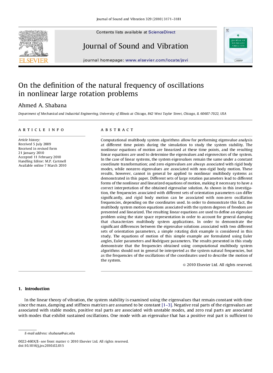 On the definition of the natural frequency of oscillations in nonlinear large rotation problems