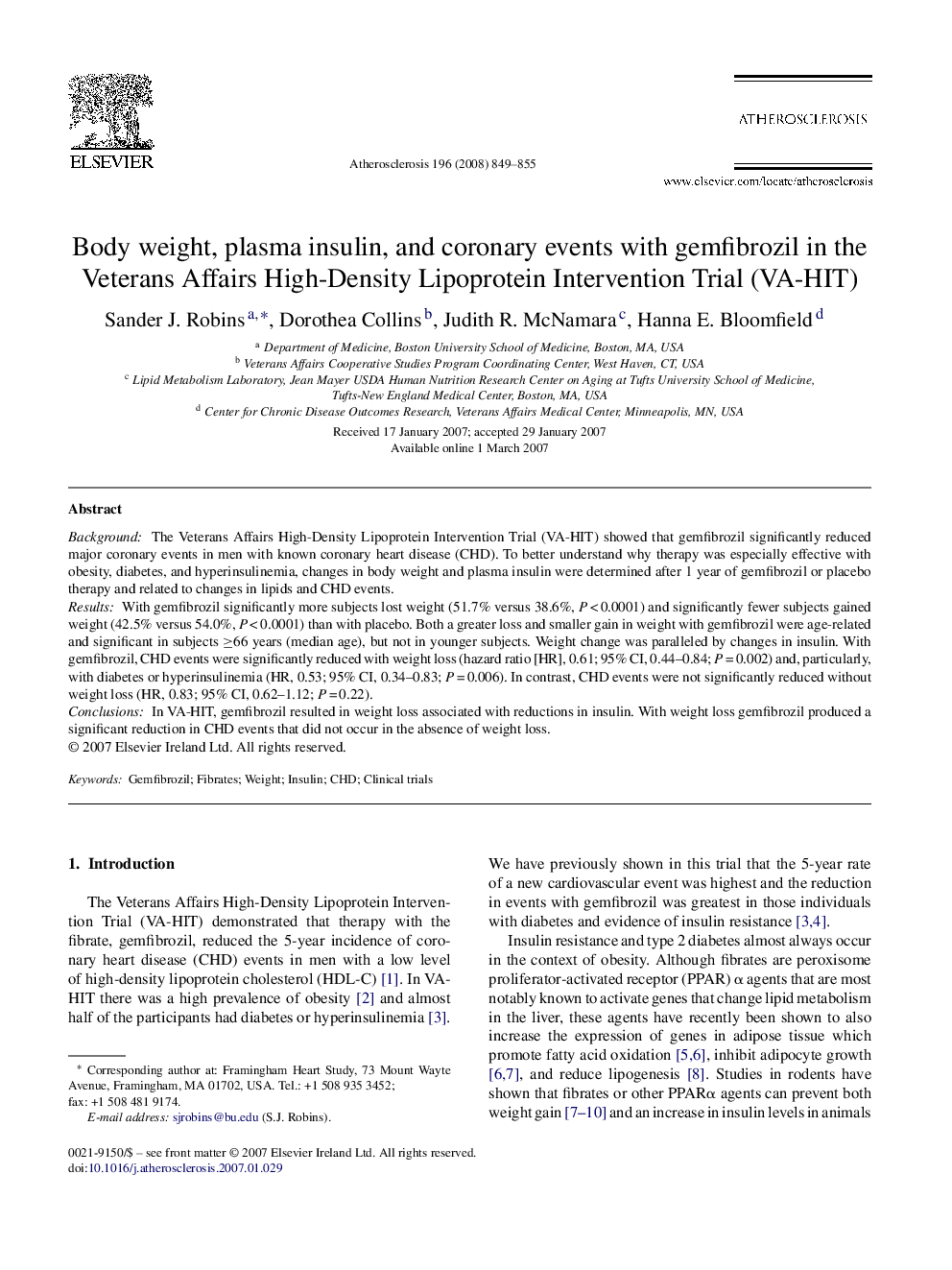 Body weight, plasma insulin, and coronary events with gemfibrozil in the Veterans Affairs High-Density Lipoprotein Intervention Trial (VA-HIT)