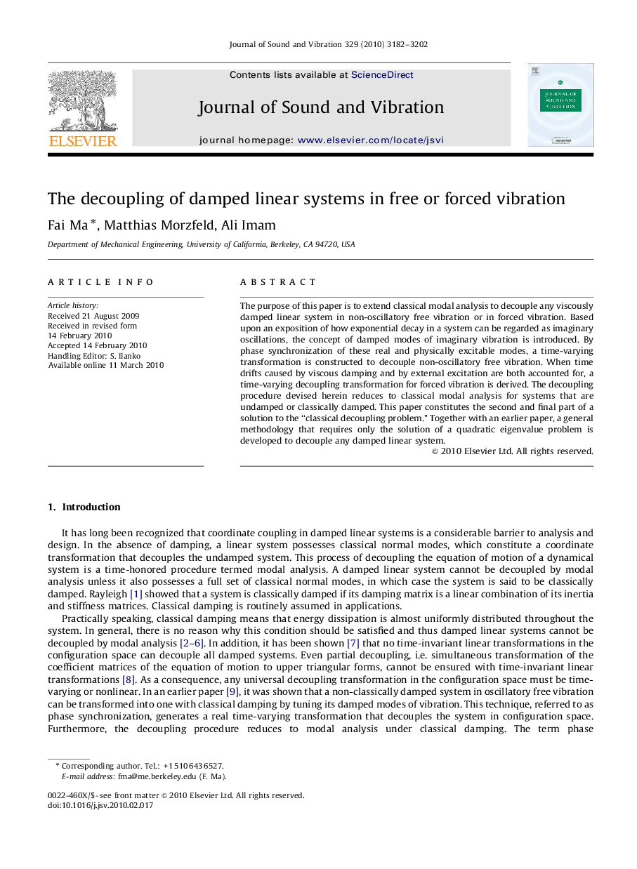 عکس صفحه اول مقاله: The decoupling of damped linear systems in free or forced vibration The decoupling of damped linear systems in free or forced vibration