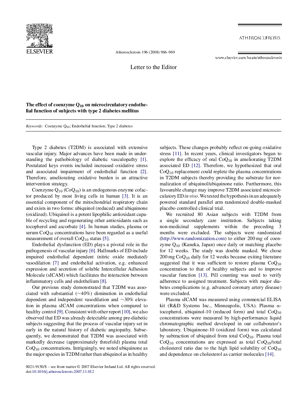 The effect of coenzyme Q10 on microcirculatory endothelial function of subjects with type 2 diabetes mellitus