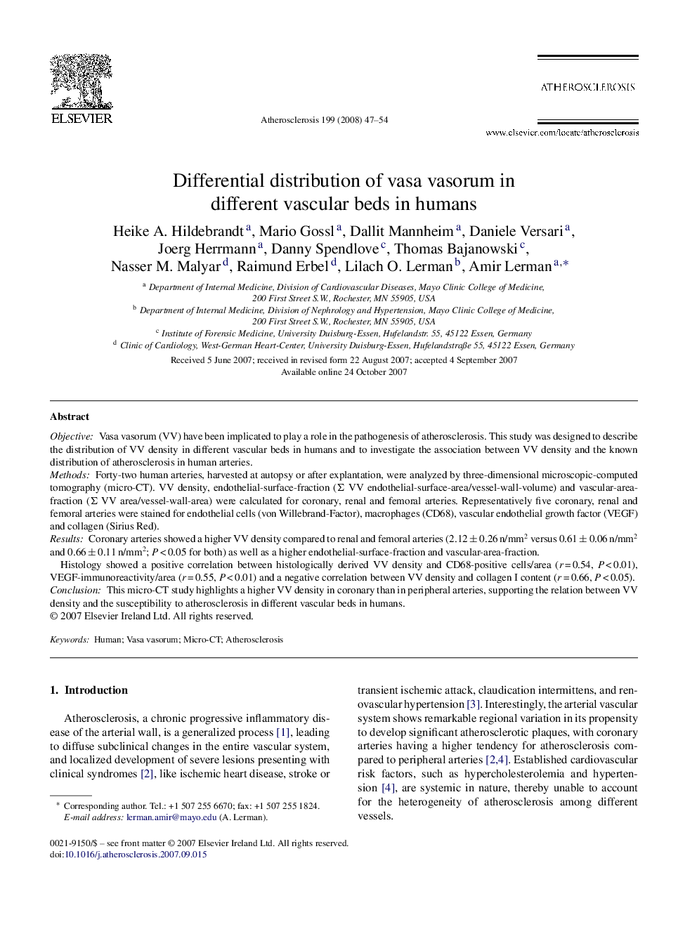 Differential distribution of vasa vasorum in different vascular beds in humans