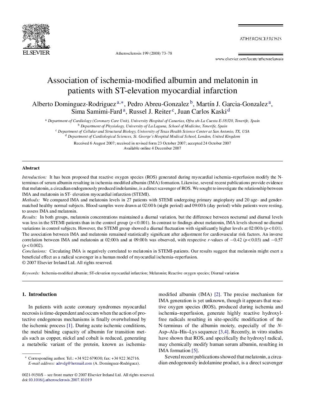 Association of ischemia-modified albumin and melatonin in patients with ST-elevation myocardial infarction