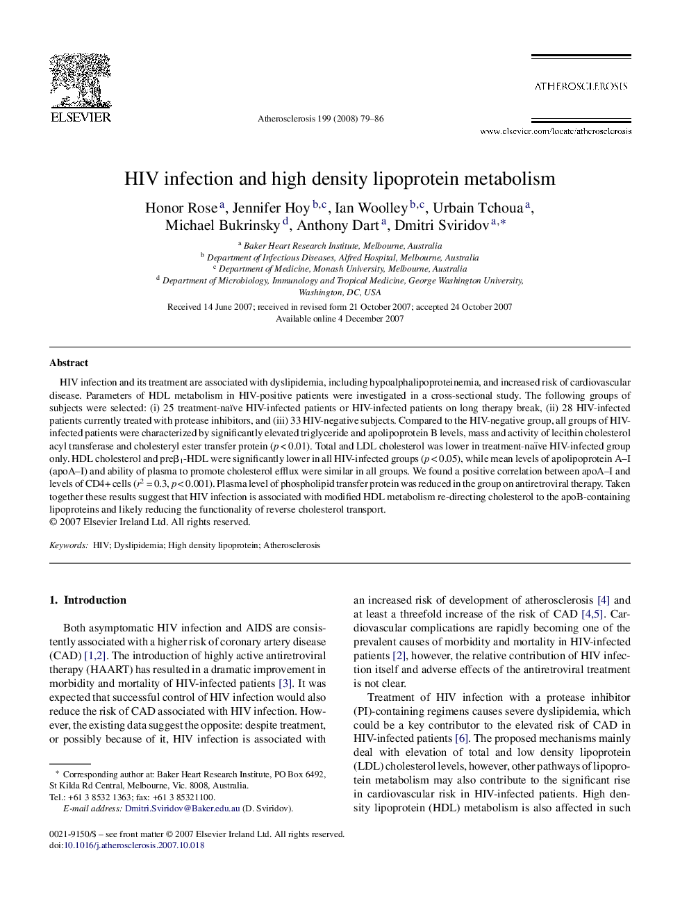 HIV infection and high density lipoprotein metabolism