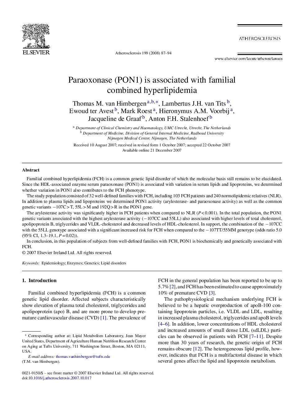 Paraoxonase (PON1) is associated with familial combined hyperlipidemia