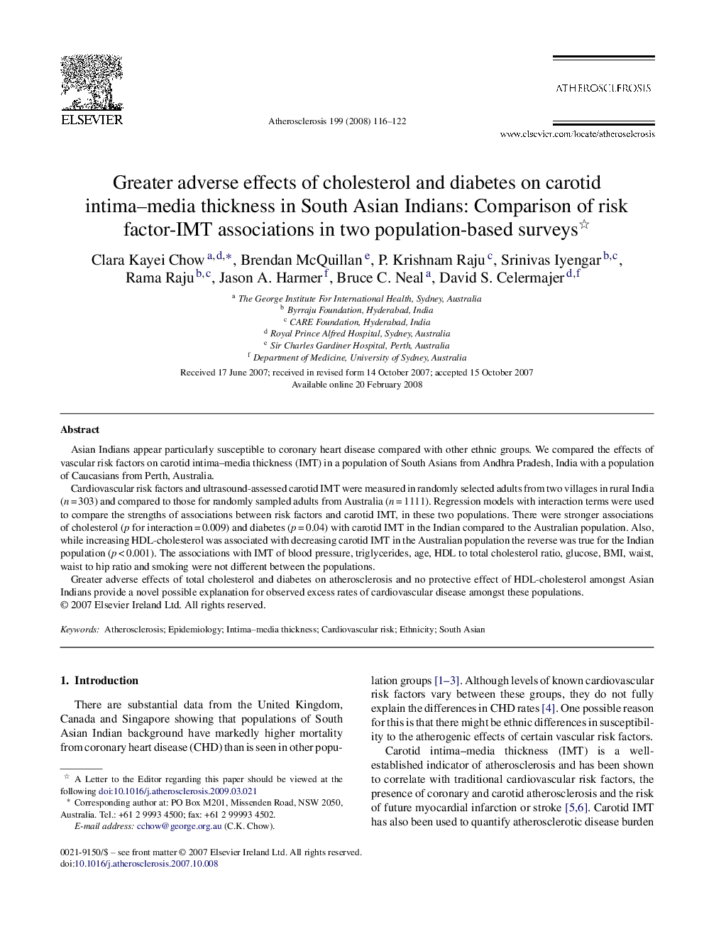 Greater adverse effects of cholesterol and diabetes on carotid intima-media thickness in South Asian Indians: Comparison of risk factor-IMT associations in two population-based surveys