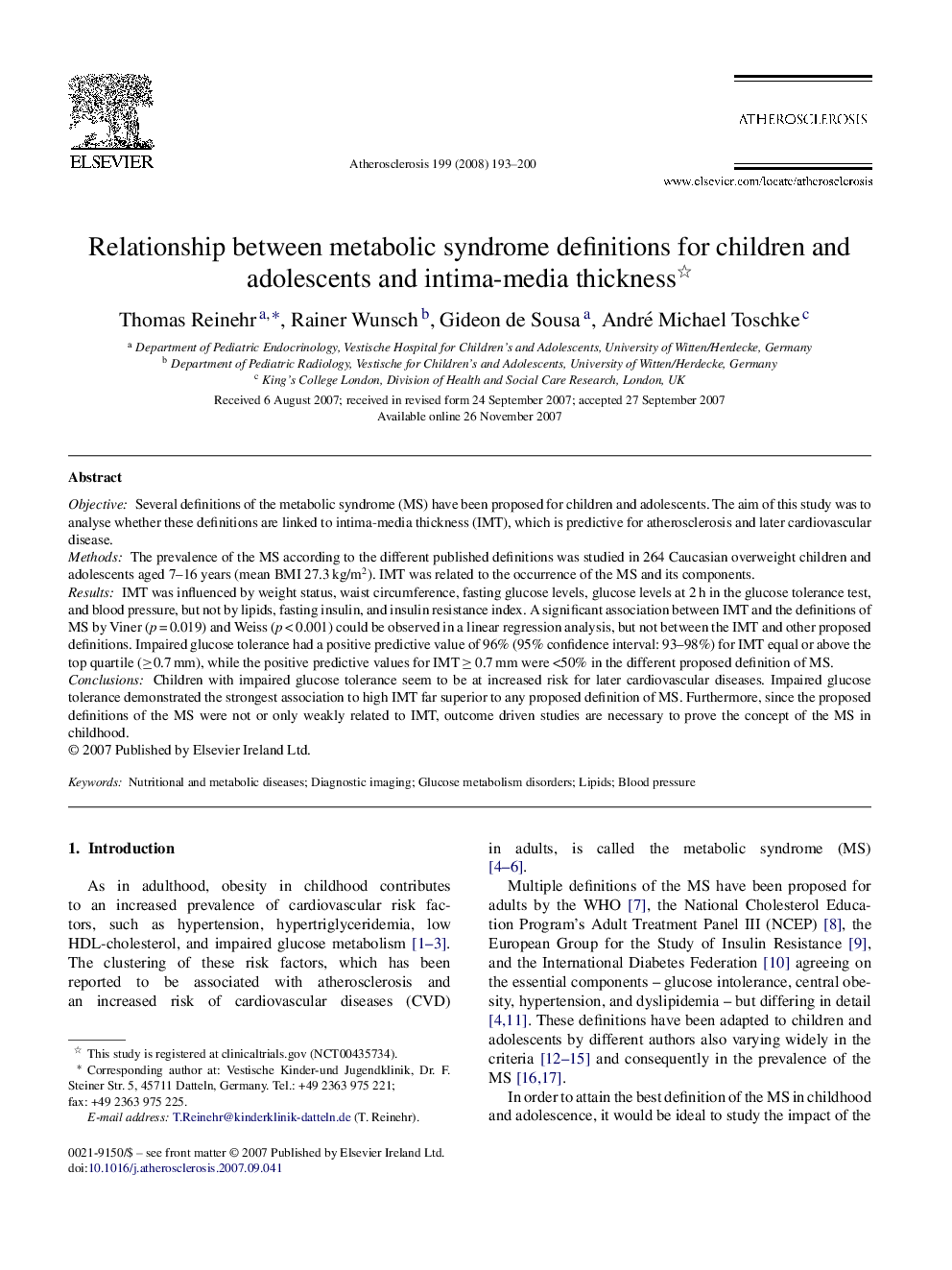 Relationship between metabolic syndrome definitions for children and adolescents and intima-media thickness 