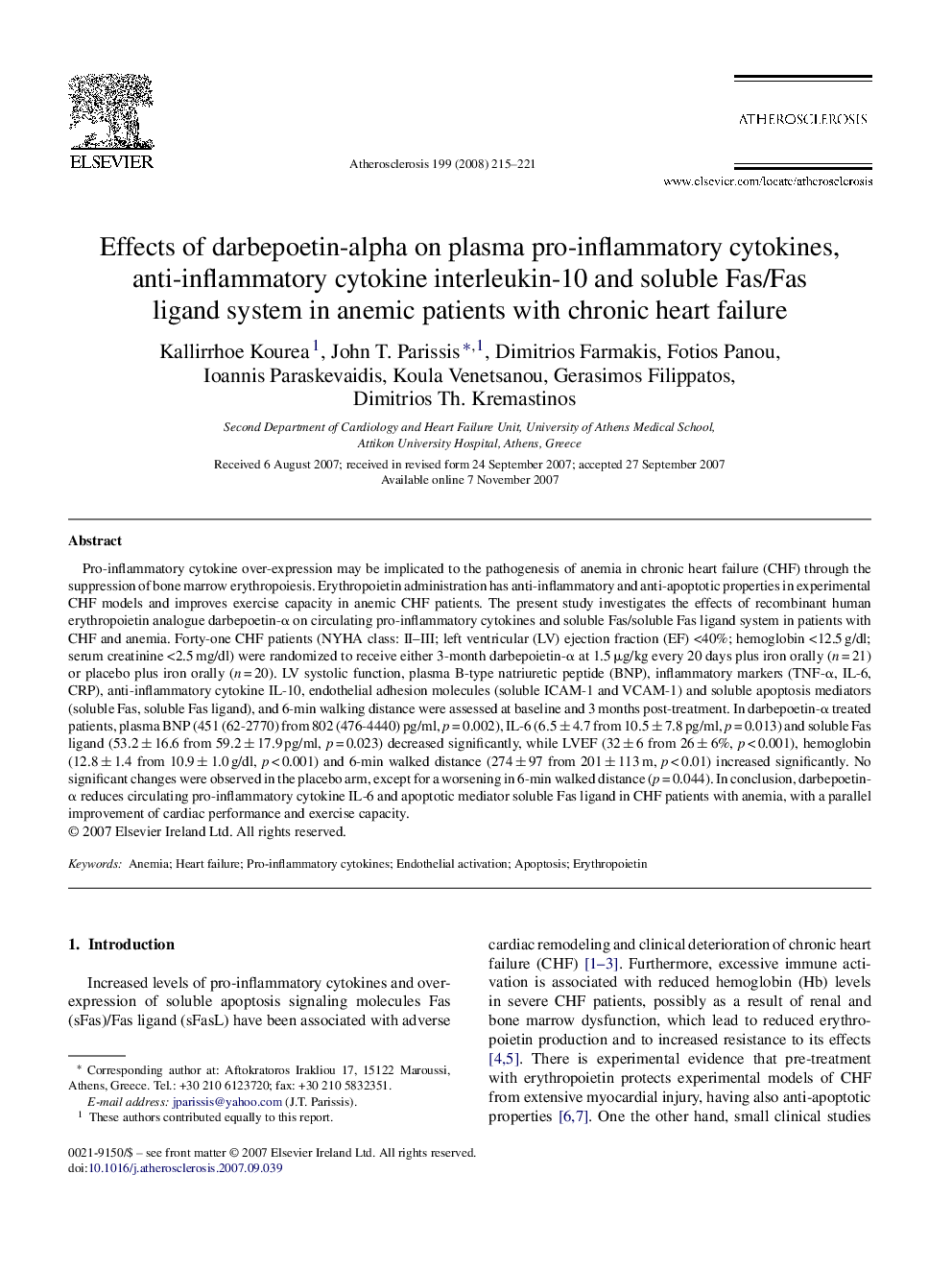 Effects of darbepoetin-alpha on plasma pro-inflammatory cytokines, anti-inflammatory cytokine interleukin-10 and soluble Fas/Fas ligand system in anemic patients with chronic heart failure