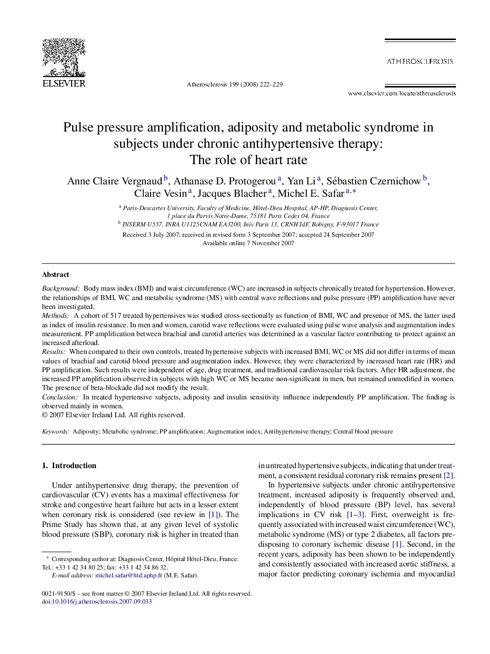 Pulse pressure amplification, adiposity and metabolic syndrome in subjects under chronic antihypertensive therapy: The role of heart rate