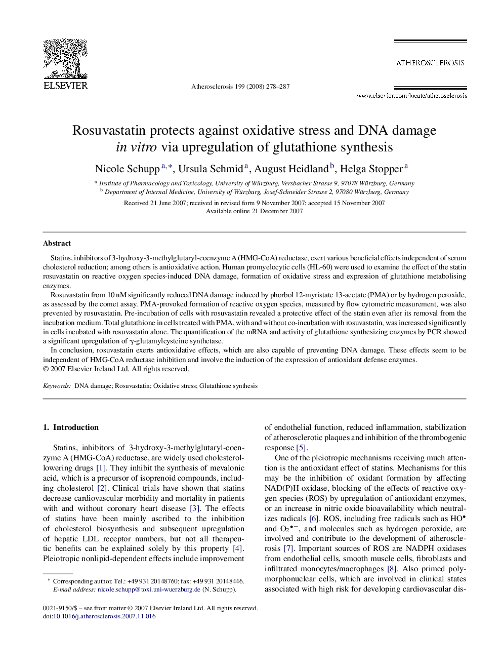 Rosuvastatin protects against oxidative stress and DNA damage in vitro via upregulation of glutathione synthesis