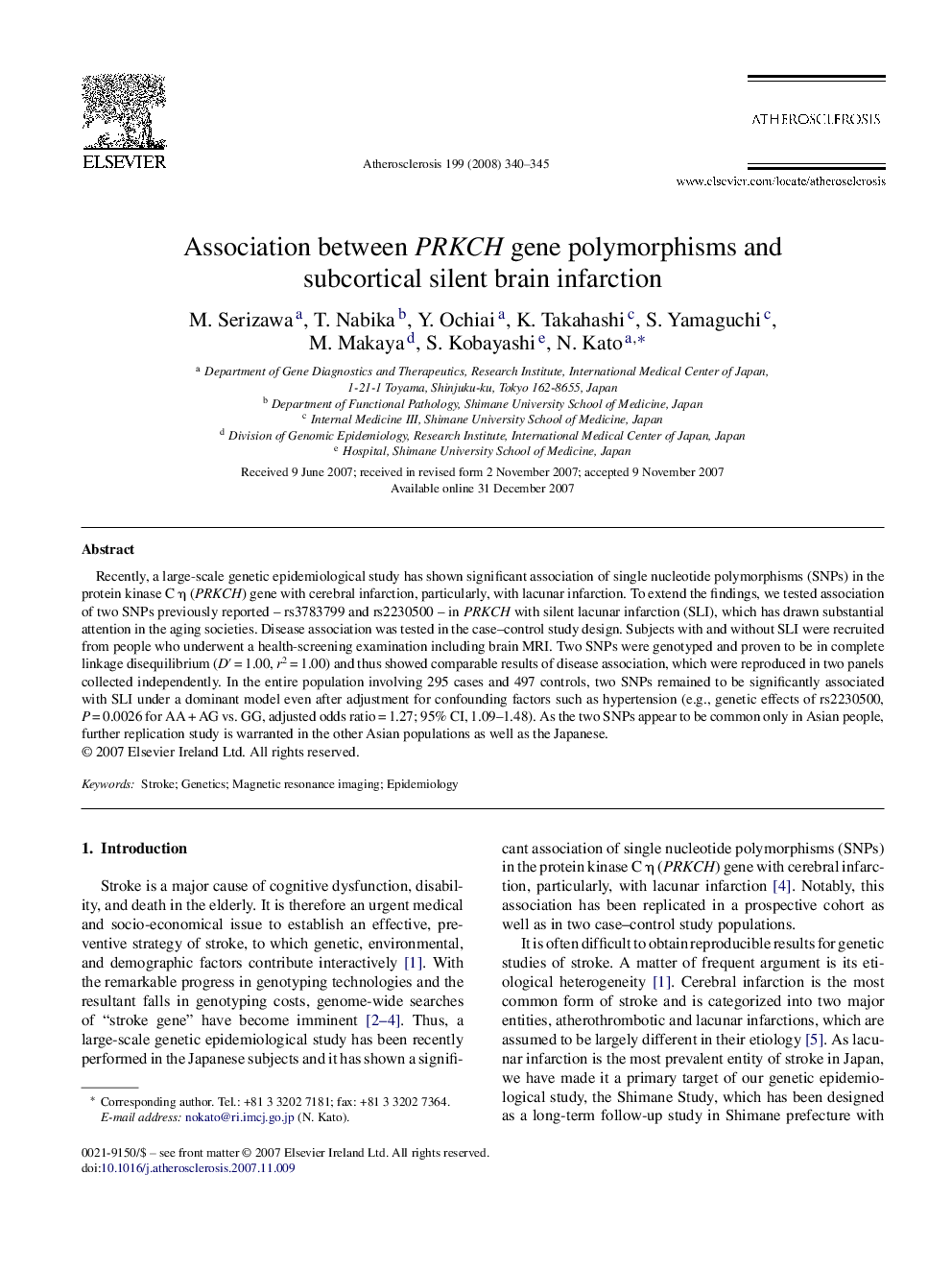 Association between PRKCH gene polymorphisms and subcortical silent brain infarction