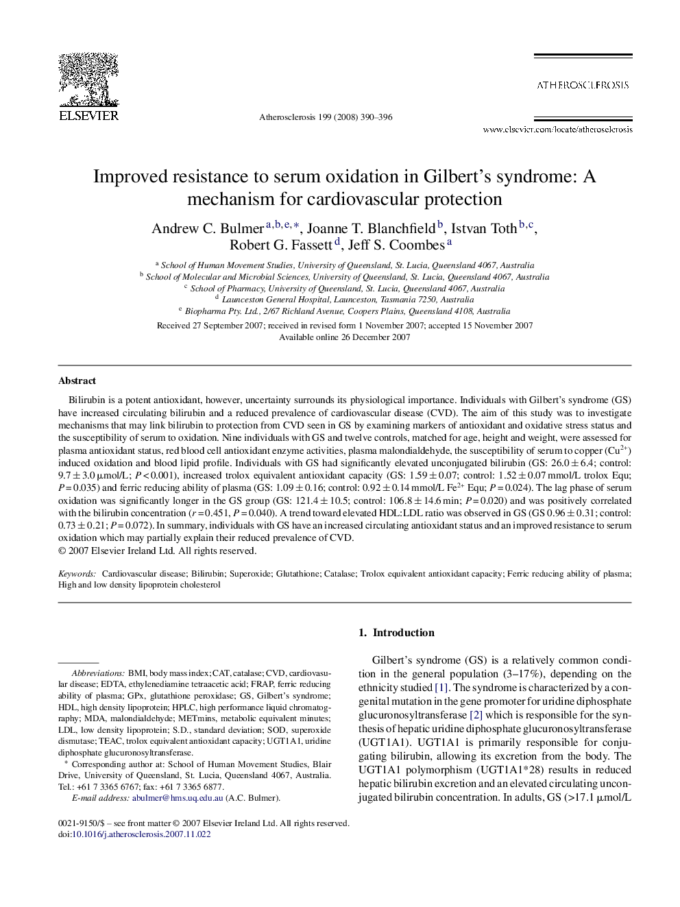 Improved resistance to serum oxidation in Gilbert's syndrome: A mechanism for cardiovascular protection