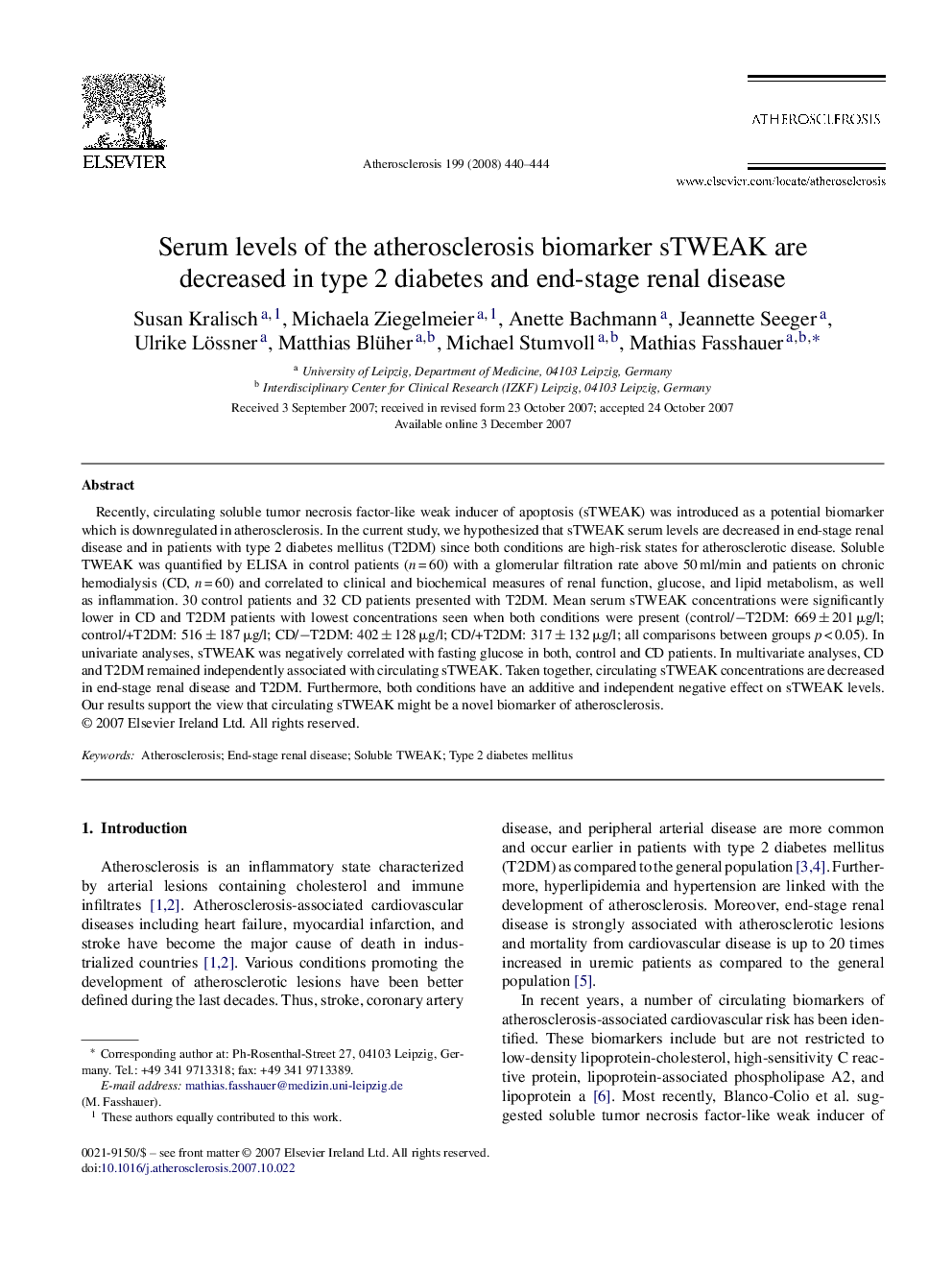 Serum levels of the atherosclerosis biomarker sTWEAK are decreased in type 2 diabetes and end-stage renal disease