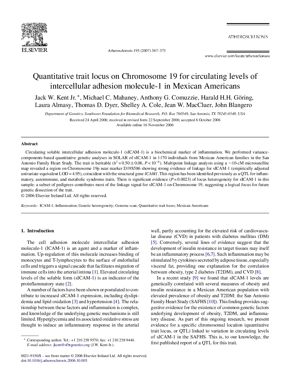 Quantitative trait locus on Chromosome 19 for circulating levels of intercellular adhesion molecule-1 in Mexican Americans