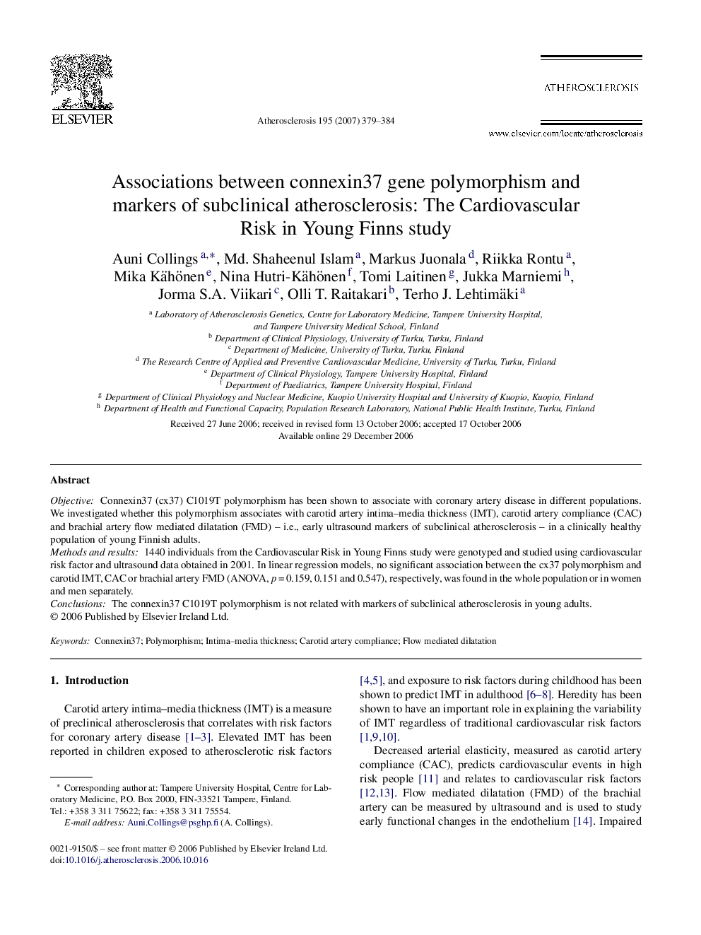 Associations between connexin37 gene polymorphism and markers of subclinical atherosclerosis: The Cardiovascular Risk in Young Finns study