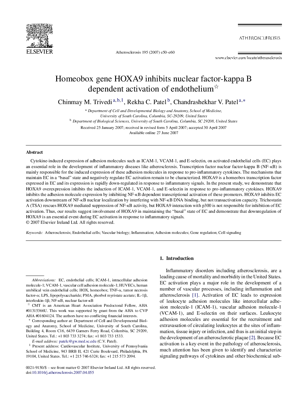 Homeobox gene HOXA9 inhibits nuclear factor-kappa B dependent activation of endothelium 