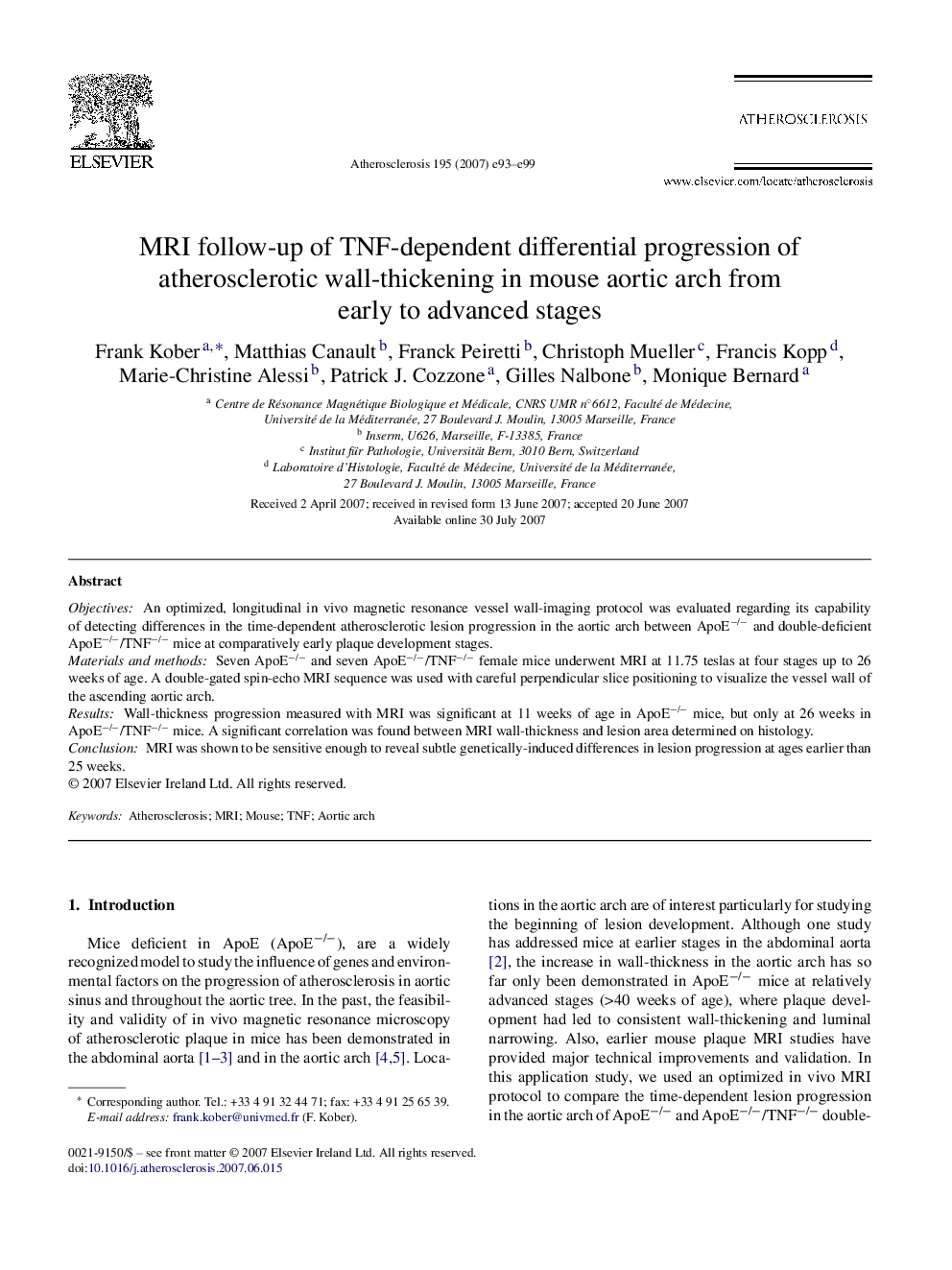 MRI follow-up of TNF-dependent differential progression of atherosclerotic wall-thickening in mouse aortic arch from early to advanced stages