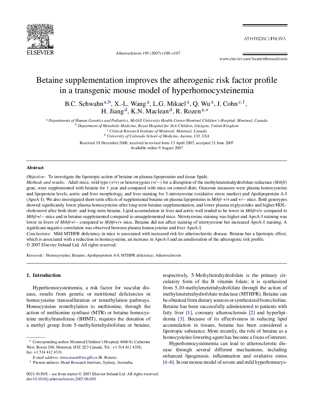 Betaine supplementation improves the atherogenic risk factor profile in a transgenic mouse model of hyperhomocysteinemia