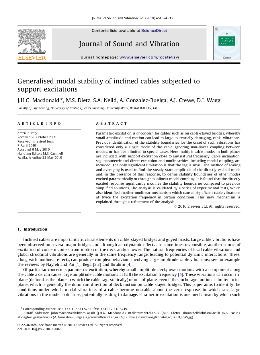 Generalised modal stability of inclined cables subjected to support excitations