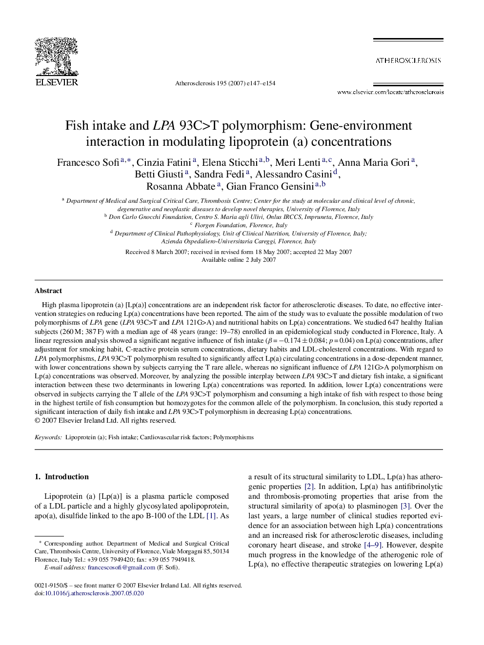 Fish intake and LPA 93C>T polymorphism: Gene-environment interaction in modulating lipoprotein (a) concentrations