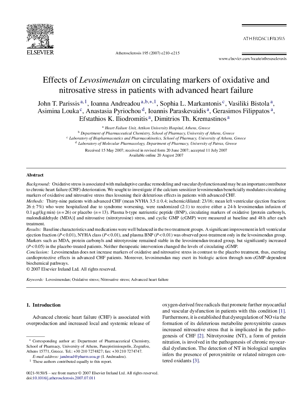 Effects of Levosimendan on circulating markers of oxidative and nitrosative stress in patients with advanced heart failure