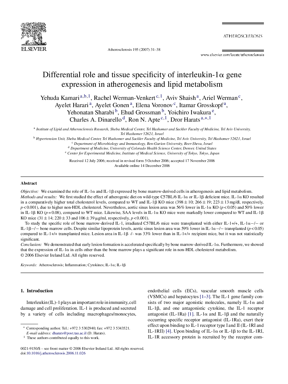 Differential role and tissue specificity of interleukin-1α gene expression in atherogenesis and lipid metabolism