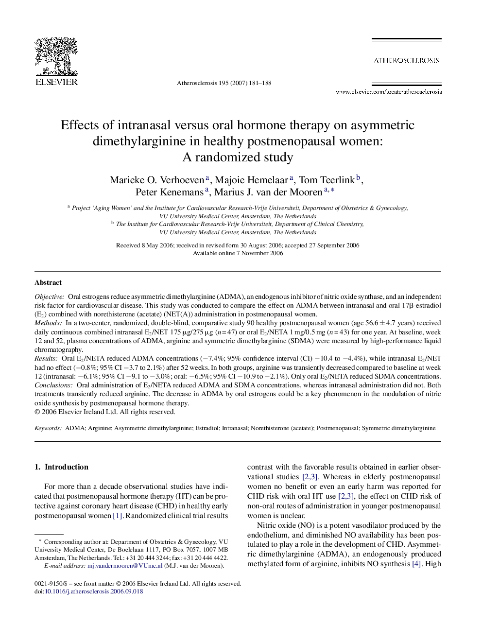 Effects of intranasal versus oral hormone therapy on asymmetric dimethylarginine in healthy postmenopausal women: A randomized study