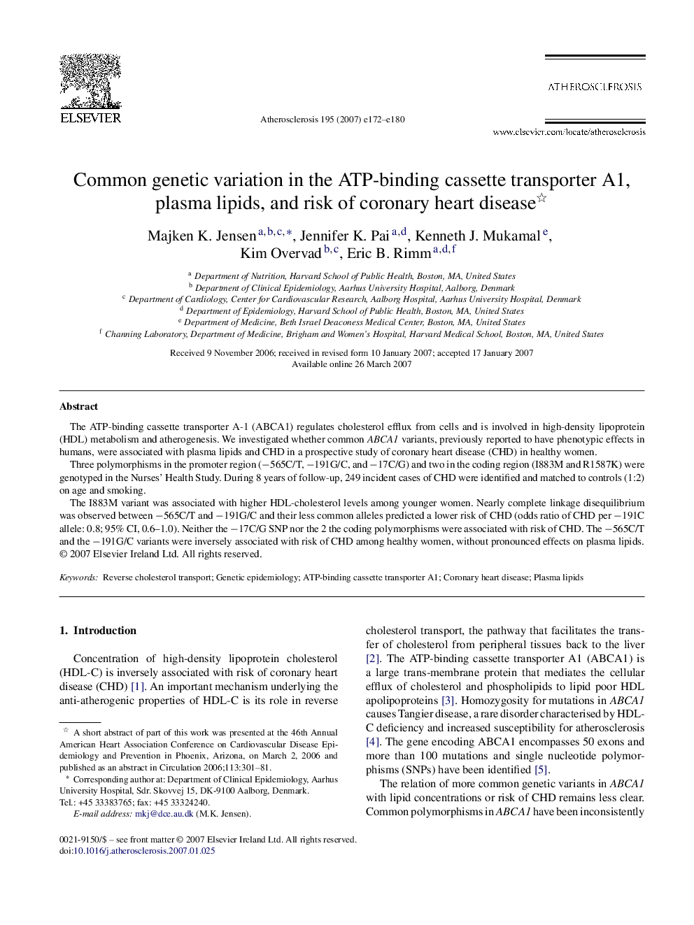 Common genetic variation in the ATP-binding cassette transporter A1, plasma lipids, and risk of coronary heart disease 