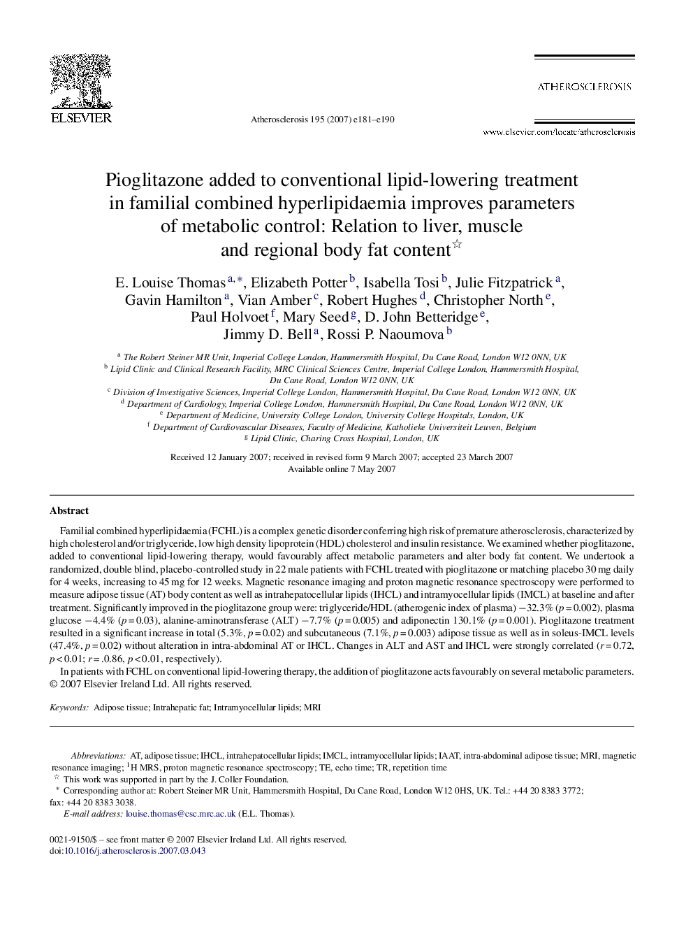 Pioglitazone added to conventional lipid-lowering treatment in familial combined hyperlipidaemia improves parameters of metabolic control: Relation to liver, muscle and regional body fat content 