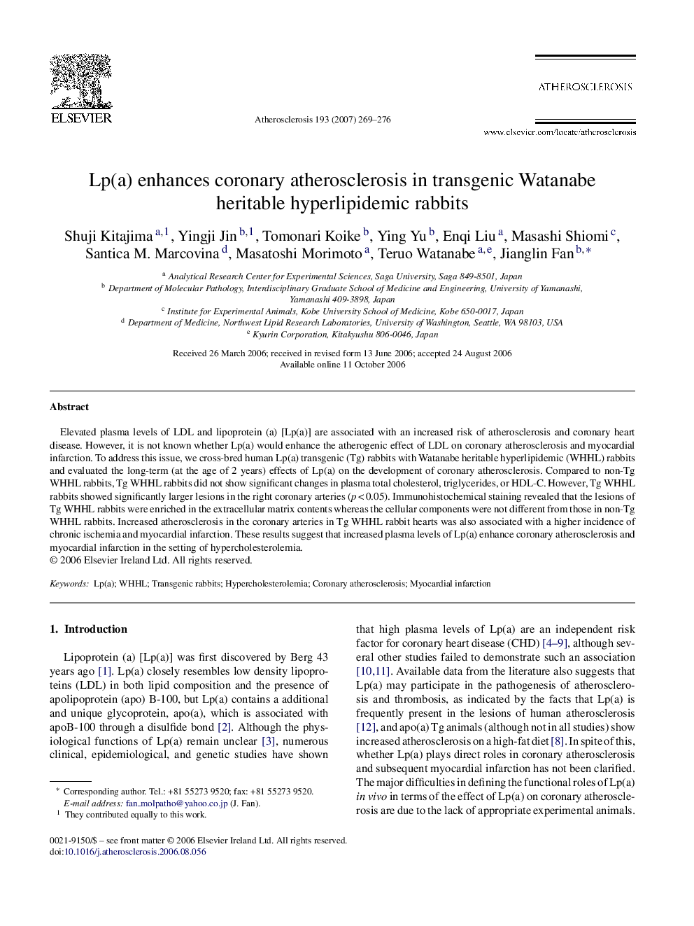 Lp(a) enhances coronary atherosclerosis in transgenic Watanabe heritable hyperlipidemic rabbits