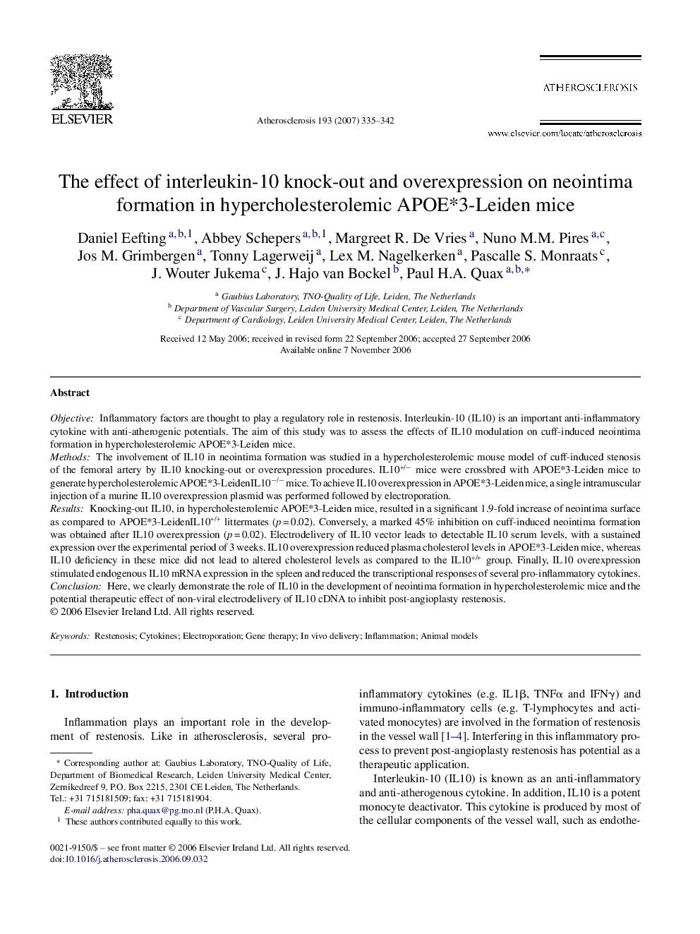 The effect of interleukin-10 knock-out and overexpression on neointima formation in hypercholesterolemic APOE*3-Leiden mice