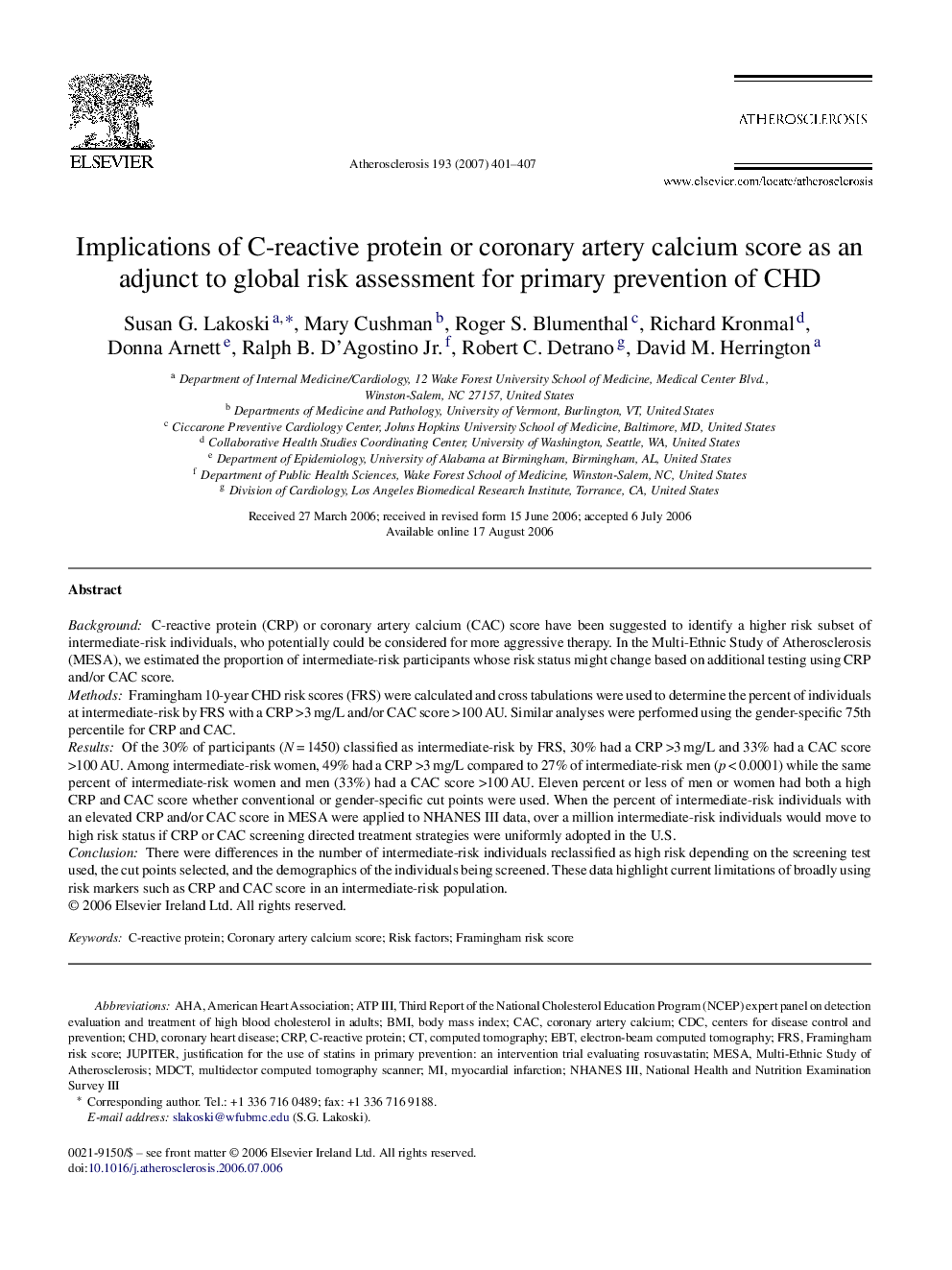 Implications of C-reactive protein or coronary artery calcium score as an adjunct to global risk assessment for primary prevention of CHD