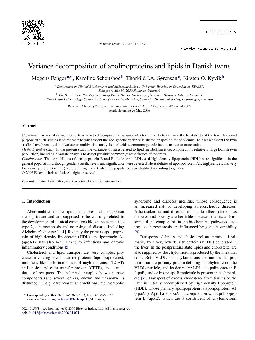 Variance decomposition of apolipoproteins and lipids in Danish twins