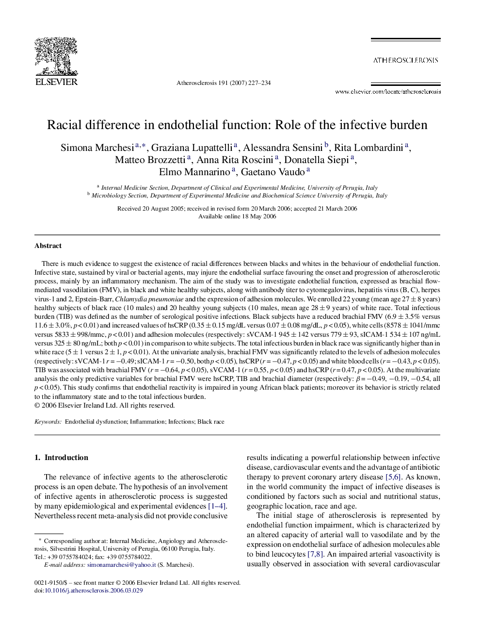 Racial difference in endothelial function: Role of the infective burden