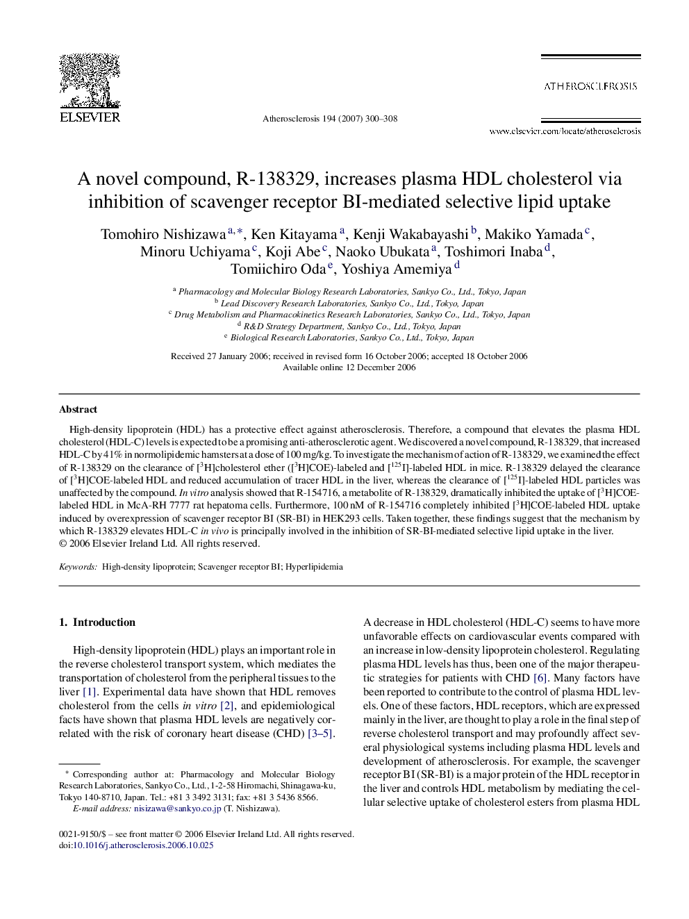 A novel compound, R-138329, increases plasma HDL cholesterol via inhibition of scavenger receptor BI-mediated selective lipid uptake