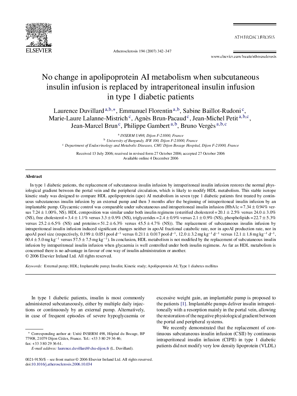 No change in apolipoprotein AI metabolism when subcutaneous insulin infusion is replaced by intraperitoneal insulin infusion in type 1 diabetic patients