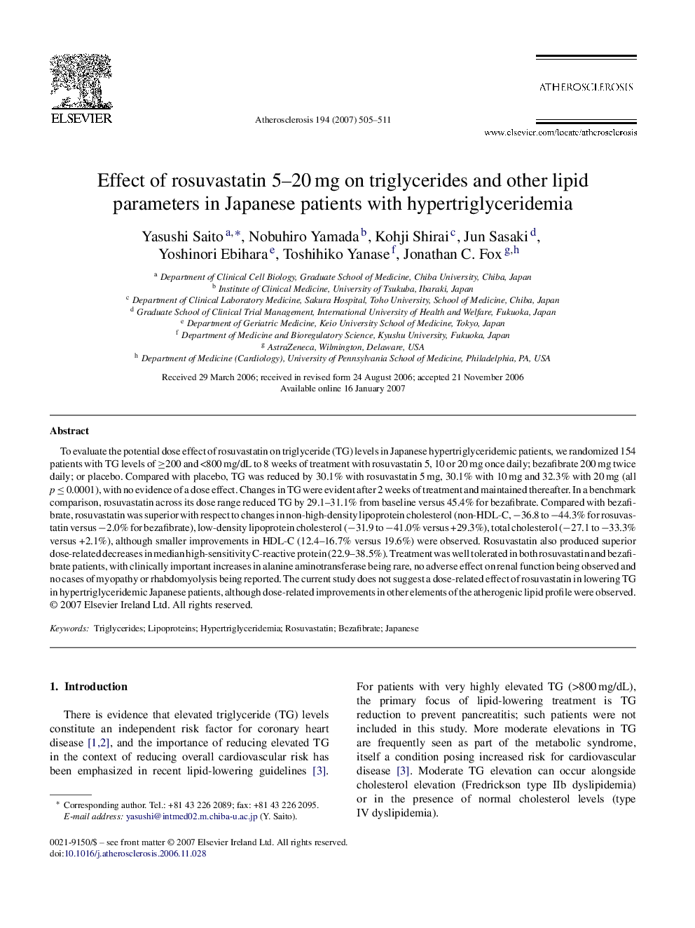 Effect of rosuvastatin 5–20 mg on triglycerides and other lipid parameters in Japanese patients with hypertriglyceridemia