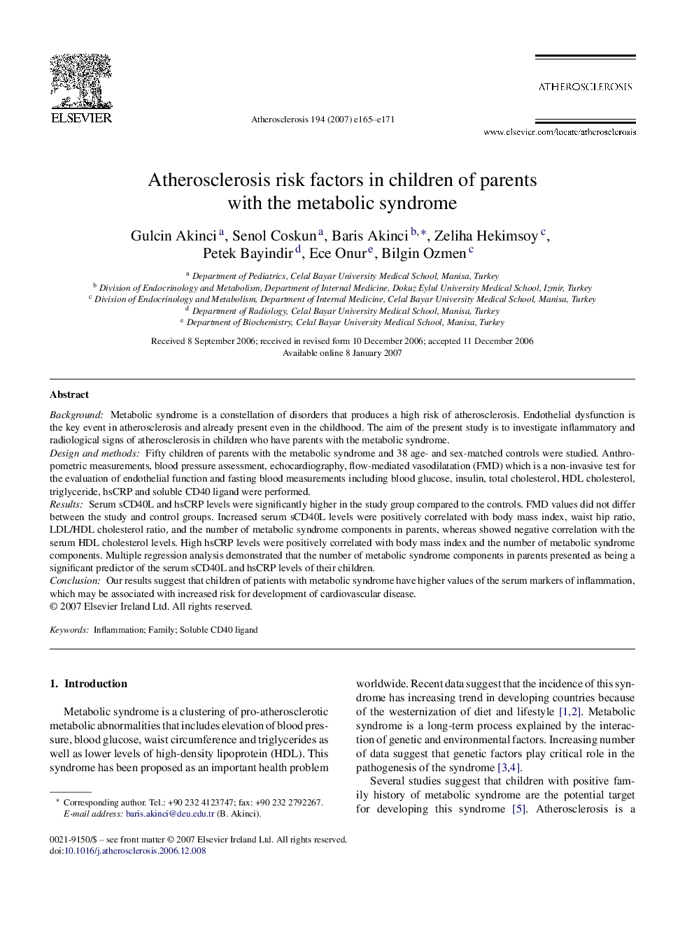 Atherosclerosis risk factors in children of parents with the metabolic syndrome