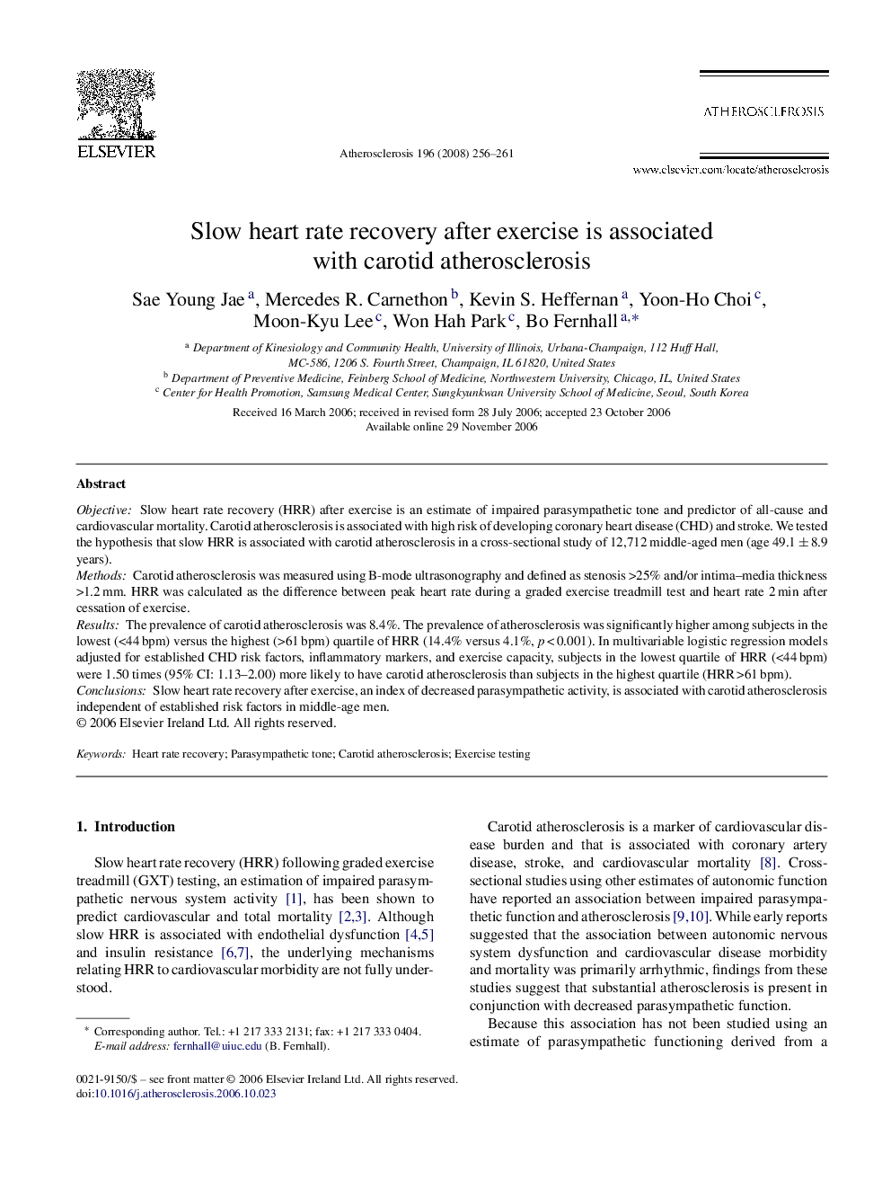 Slow heart rate recovery after exercise is associated with carotid atherosclerosis