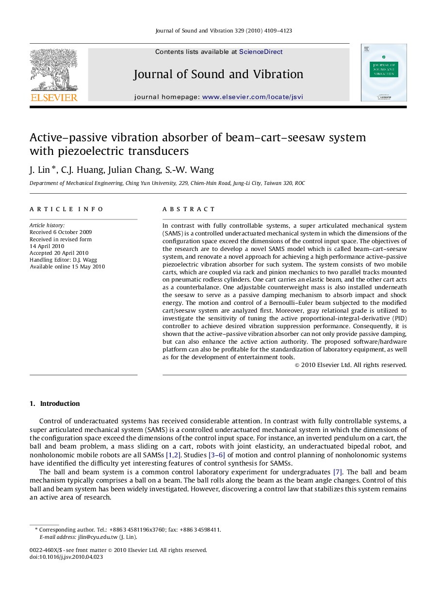 عکس صفحه اول مقاله: Active–passive vibration absorber of beam–cart–seesaw system with piezoelectric transducers Active–passive vibration absorber of beam–cart–seesaw system with piezoelectric transducers