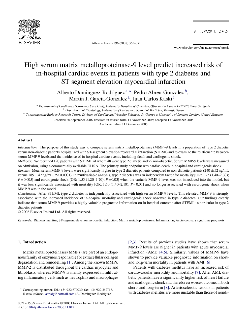 High serum matrix metalloproteinase-9 level predict increased risk of in-hospital cardiac events in patients with type 2 diabetes and ST segment elevation myocardial infarction