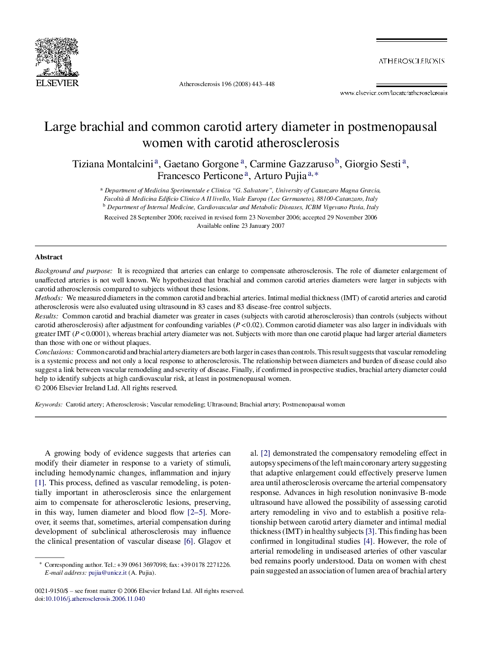 Large brachial and common carotid artery diameter in postmenopausal women with carotid atherosclerosis