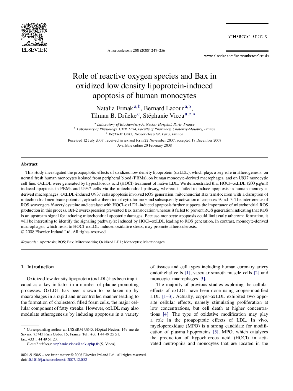 Role of reactive oxygen species and Bax in oxidized low density lipoprotein-induced apoptosis of human monocytes