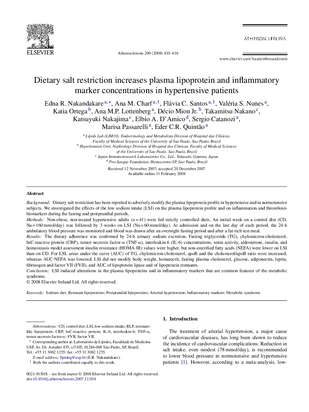 Dietary salt restriction increases plasma lipoprotein and inflammatory marker concentrations in hypertensive patients