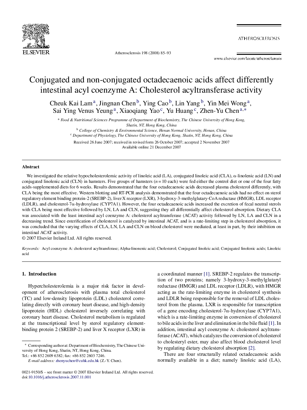 Conjugated and non-conjugated octadecaenoic acids affect differently intestinal acyl coenzyme A: Cholesterol acyltransferase activity