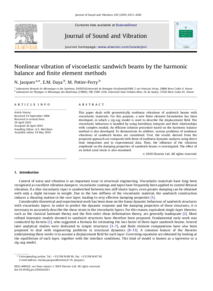 Nonlinear vibration of viscoelastic sandwich beams by the harmonic balance and finite element methods