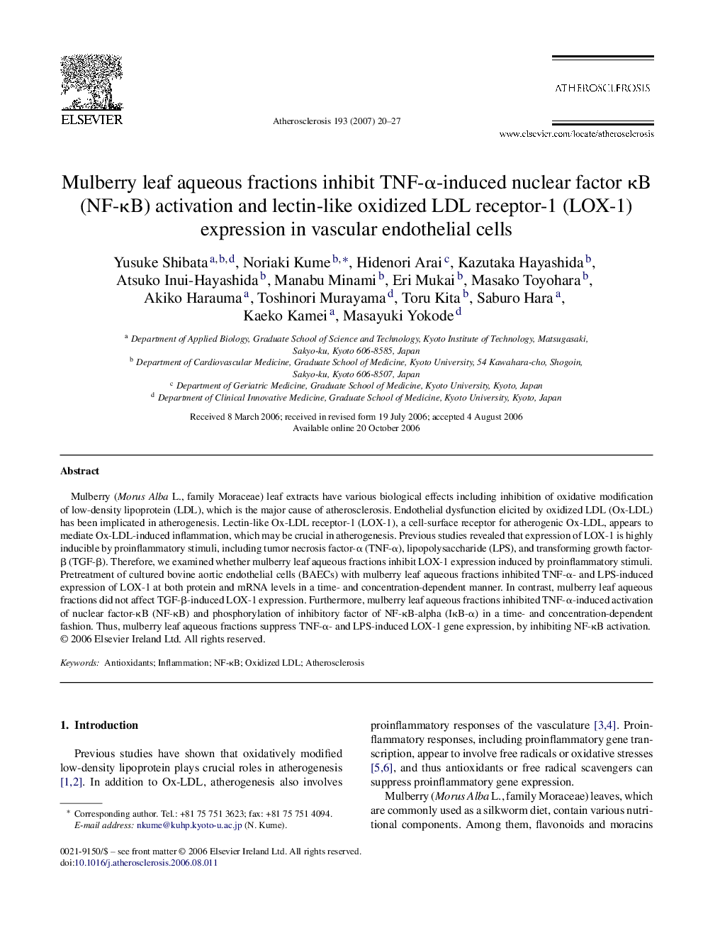 Mulberry leaf aqueous fractions inhibit TNF-α-induced nuclear factor κB (NF-κB) activation and lectin-like oxidized LDL receptor-1 (LOX-1) expression in vascular endothelial cells