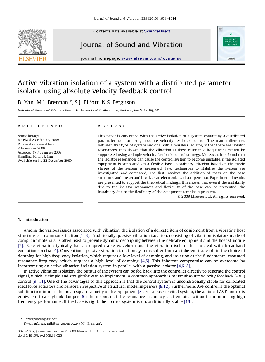 Active vibration isolation of a system with a distributed parameter isolator using absolute velocity feedback control