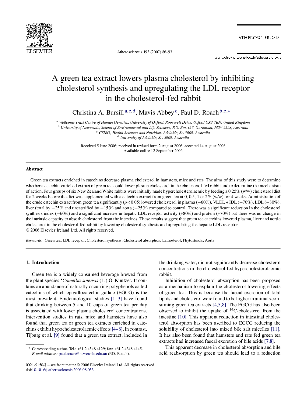 A green tea extract lowers plasma cholesterol by inhibiting cholesterol synthesis and upregulating the LDL receptor in the cholesterol-fed rabbit